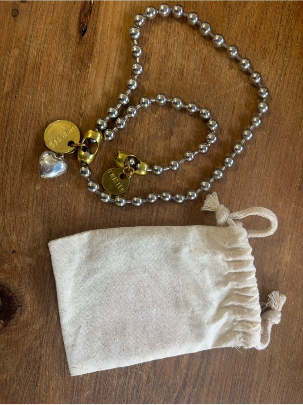 Twisted SilverTwo-Tone Silver heart Necklace with Gold Accent Tags and Heart